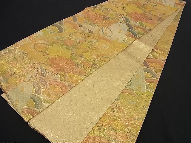 平和屋着物■七彩佐賀錦 六通柄袋帯 檜扇吉祥青海波花文 金糸 逸品 n-nr0088