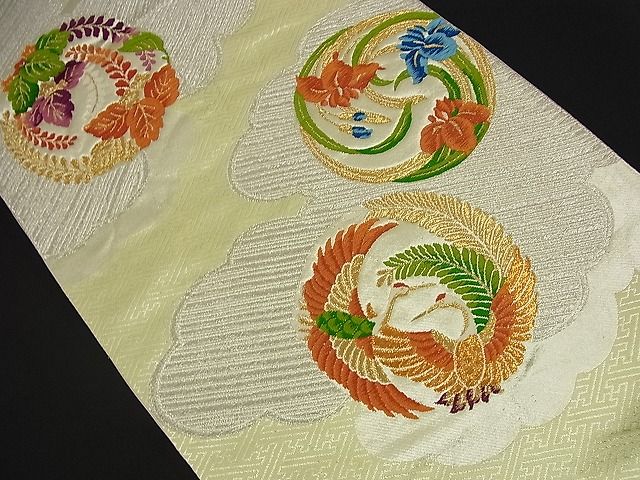 平和屋着物■六通柄袋帯 唐織 向かい鶴草花丸文 金銀糸 逸品 n-nr0112