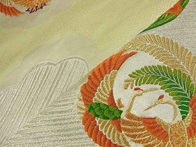 平和屋着物■六通柄袋帯 唐織 向かい鶴草花丸文 金銀糸 逸品 n-nr0112