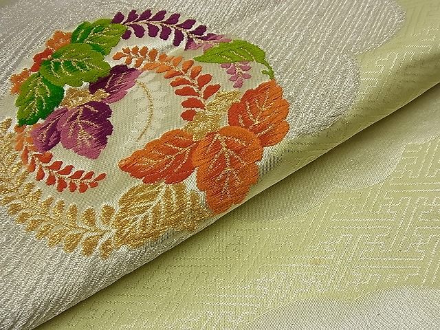平和屋着物■六通柄袋帯 唐織 向かい鶴草花丸文 金銀糸 逸品 n-nr0112