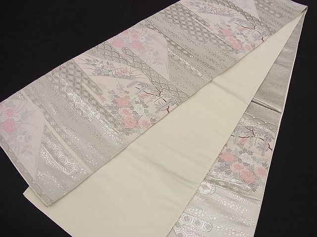 平和屋着物■六通柄袋帯 唐織 エ霞吉祥重山花文 銀糸 逸品 n-nr0177