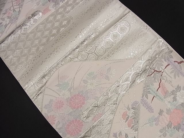 平和屋着物■六通柄袋帯 唐織 エ霞吉祥重山花文 銀糸 逸品 n-nr0177