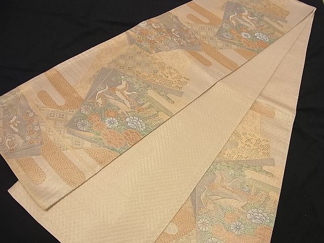 平和屋着物■宝珠本佐賀錦 六通柄袋帯 色紙重ね飛鶴吉祥風景花文 九百錦 金糸 逸品 n-nr0204