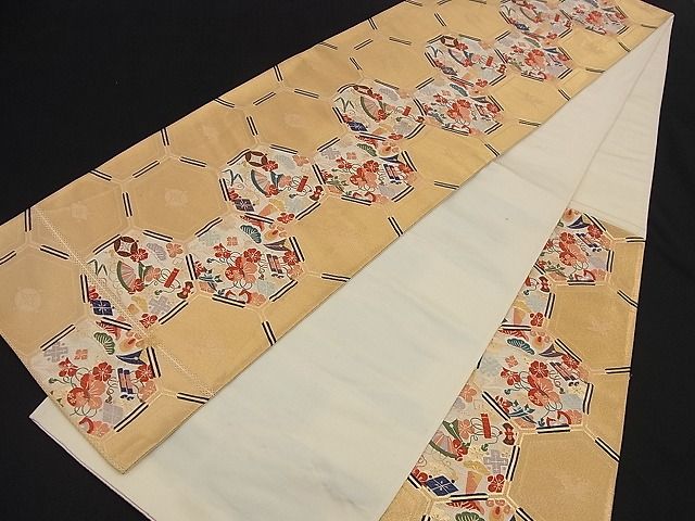 平和屋着物■六通柄袋帯 唐織 宝尽くし亀甲文 金糸 逸品 n-nr0272