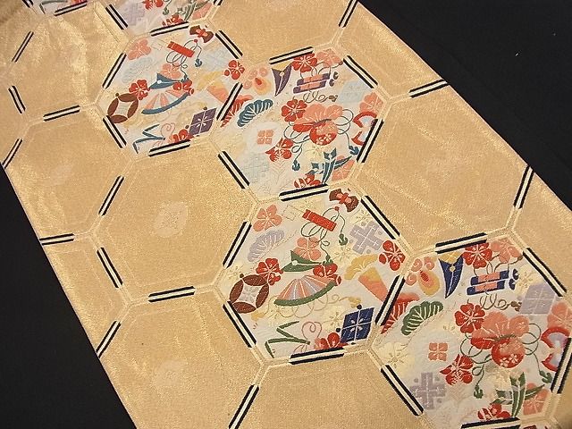 平和屋着物■六通柄袋帯 唐織 宝尽くし亀甲文 金糸 逸品 n-nr0272