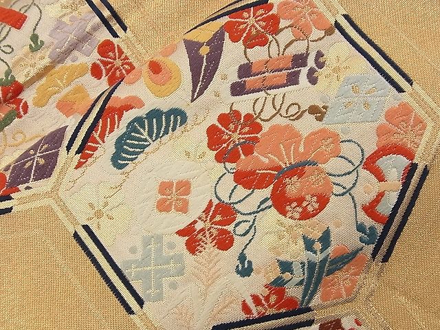 平和屋着物■六通柄袋帯 唐織 宝尽くし亀甲文 金糸 逸品 n-nr0272