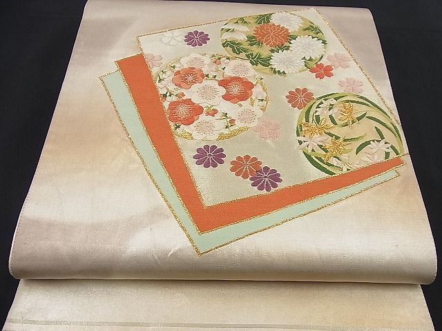 平和屋着物■六通太鼓柄袋帯 唐織 色紙重ね花丸文 金糸 逸品 n-nr0310