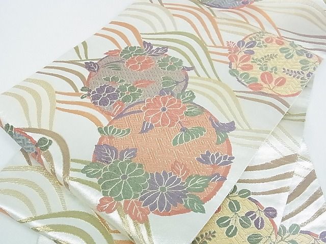 平和屋着物■六通柄袋帯 唐織 流水花丸文 金糸 逸品 op4588