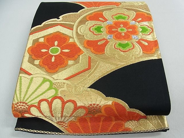 平和屋着物■六通柄袋帯 唐織 雪輪花文 黒地 金銀糸 逸品 ox2403