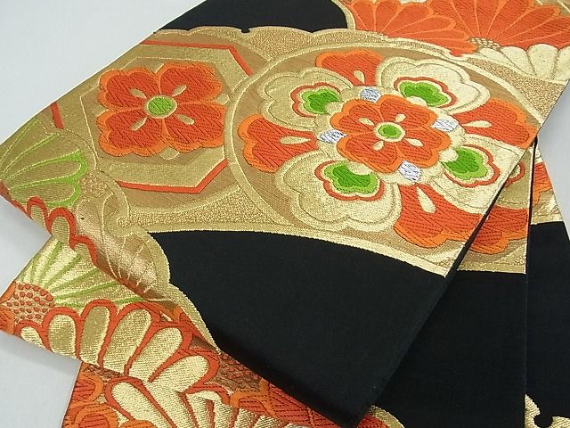 平和屋着物■六通柄袋帯 唐織 雪輪花文 黒地 金銀糸 逸品 ox2403