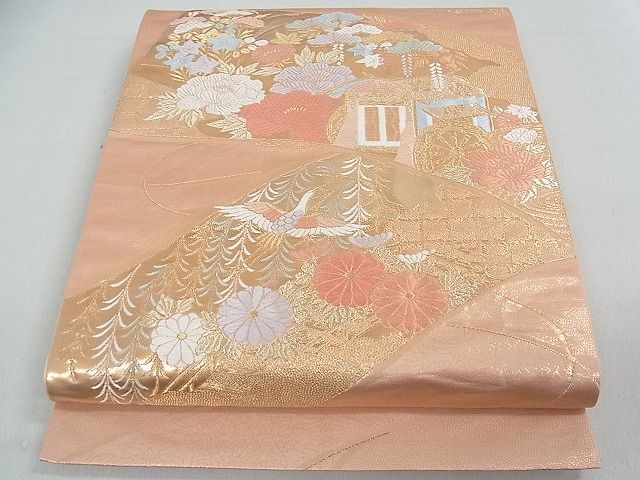 平和屋着物□六通柄袋帯 唐織 短冊御所車花鳥文 金糸 逸品 ox2432