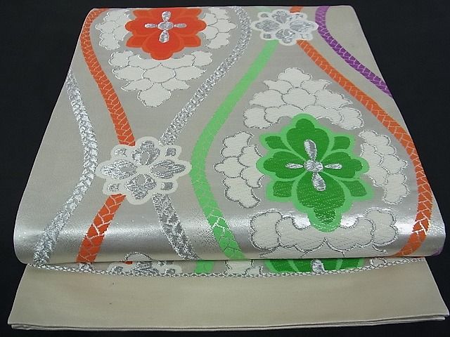 平和屋着物■六通柄袋帯 唐織 立涌吉祥花文 銀糸 逸品 oy0116
