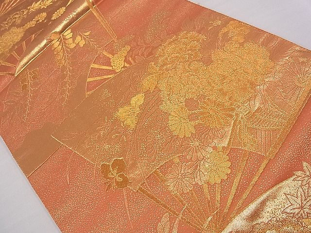 平和屋着物■六通柄袋帯 扇面花車文 金糸 逸品 oy0988