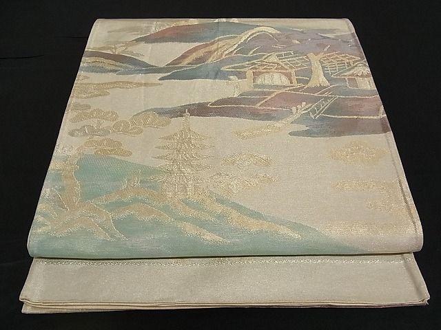 平和屋着物■六通柄袋帯 風景文 金糸 正絹 逸品 A-pf4075