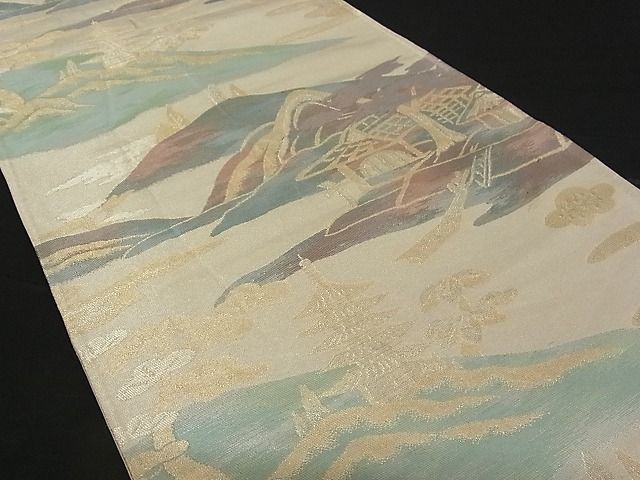 平和屋着物■六通柄袋帯 風景文 金糸 正絹 逸品 A-pf4075
