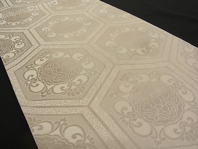 平和屋着物■六通柄袋帯 亀甲花文 銀糸 正絹 逸品 A-pf4516