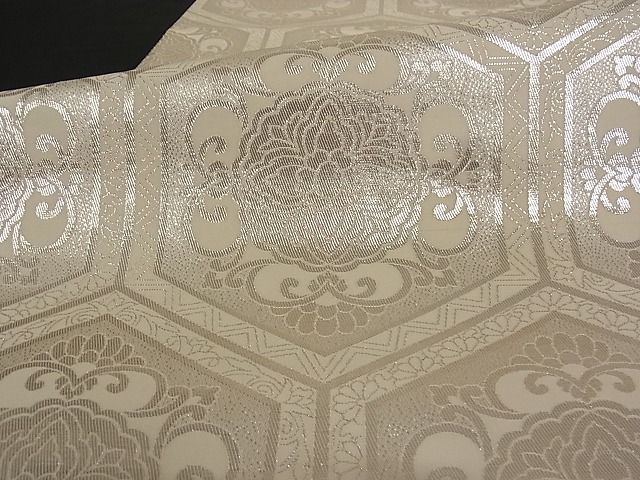 平和屋着物■六通柄袋帯 亀甲花文 銀糸 正絹 逸品 A-pf4516