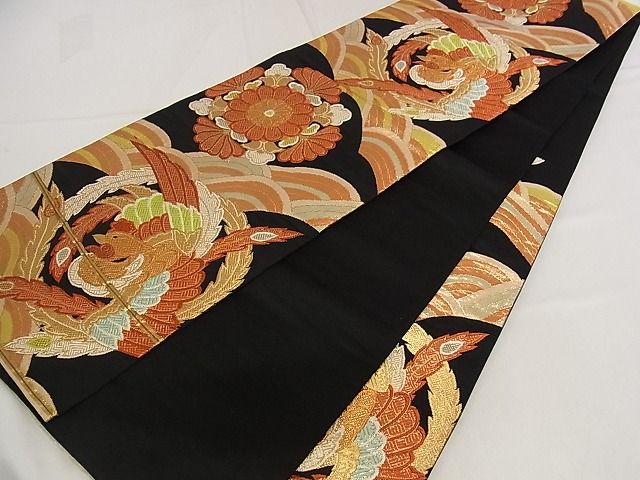 平和屋着物■六通柄袋帯 鳳凰花文 黒地 金糸 正絹 逸品 A-pf4569