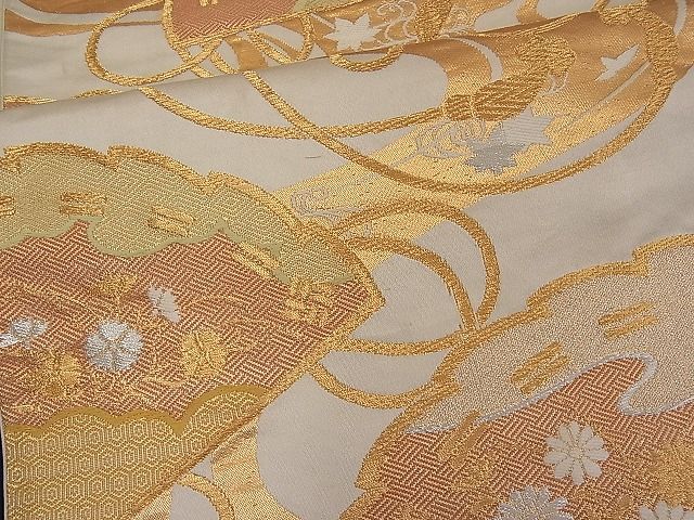 平和屋着物■六通柄袋帯 唐織 檜扇吉祥花文 金銀糸 逸品 n-pk0856