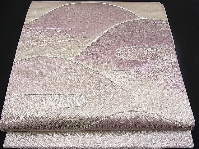 平和屋着物■太鼓柄袋帯 駒刺繍 エ霞遠山文 銀彩 逸品 n-pk0976