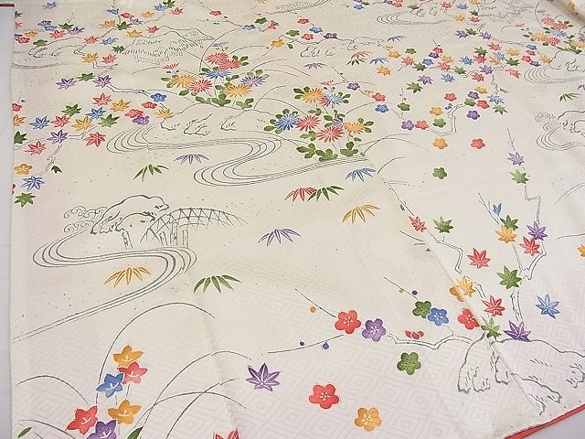 平和屋着物■付下げ 手描き 流水風景花文 逸品 n-pk1197