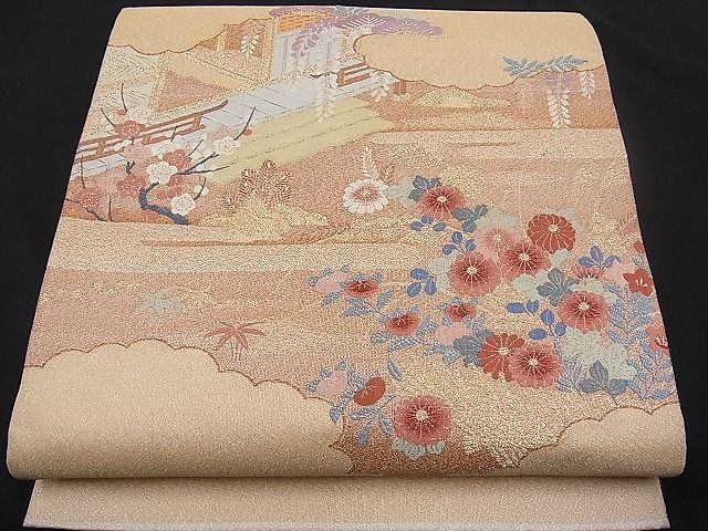 平和屋着物■太鼓柄袋帯 雲取り風景花文 金糸 逸品 n-pk1278
