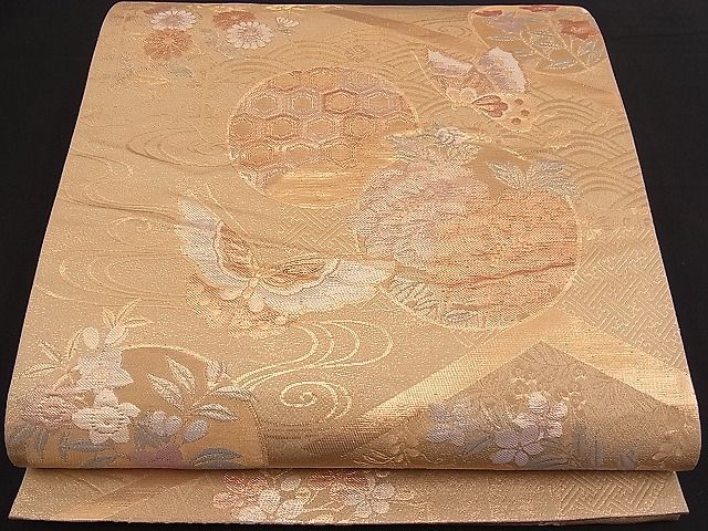 平和屋着物■六通柄袋帯 流水吉祥花蝶丸文 金糸 逸品 n-pk1812