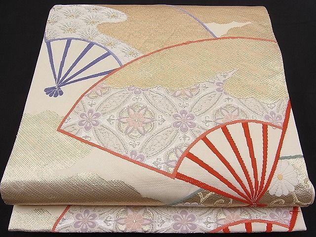 平和屋着物■六通柄袋帯 唐織 雲取り扇面吉祥花文 金銀糸 逸品 n-pk1819