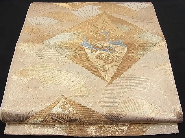 平和屋着物■六通柄袋帯 向かい鶴扇花文 金糸 逸品 n-pk1834