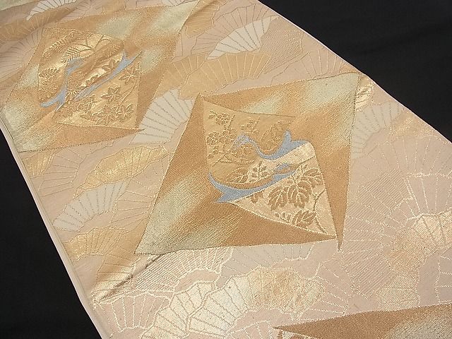 平和屋着物■六通柄袋帯 向かい鶴扇花文 金糸 逸品 n-pk1834