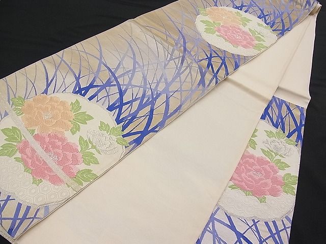 平和屋着物■六通柄袋帯 唐織 牡丹草葉文 銀糸 逸品 n-pk1838