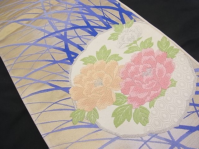 平和屋着物■六通柄袋帯 唐織 牡丹草葉文 銀糸 逸品 n-pk1838
