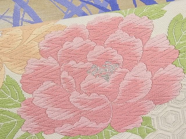 平和屋着物■六通柄袋帯 唐織 牡丹草葉文 銀糸 逸品 n-pk1838
