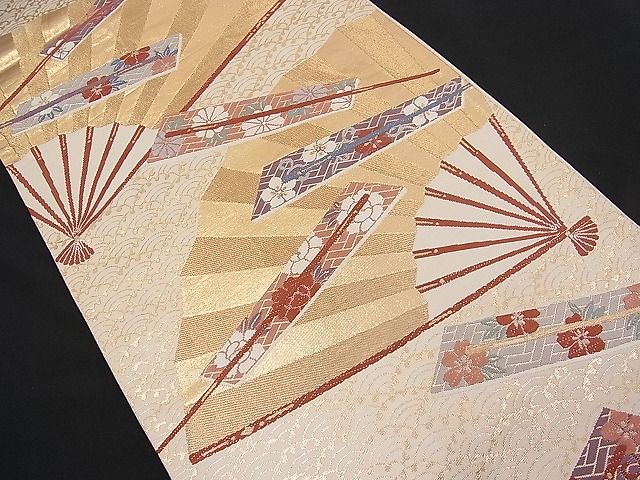 平和屋着物■六通柄袋帯 唐織 扇面吉祥花文 金糸 逸品 n-pk1840