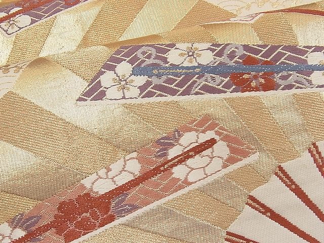 平和屋着物■六通柄袋帯 唐織 扇面吉祥花文 金糸 逸品 n-pk1840