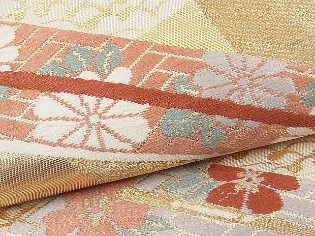 平和屋着物■六通柄袋帯 唐織 扇面吉祥花文 金糸 逸品 n-pk1840