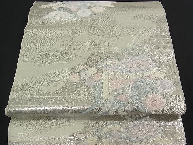 平和屋着物■六通柄袋帯 道長流水御所車鳳凰花文 銀糸 逸品 qp0121