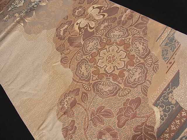 平和屋着物■六通柄袋帯 正倉院向い鳥道長花文 金糸 逸品 n-qw0237