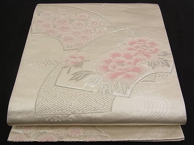 平和屋着物■六通柄袋帯 唐織 流水地紙牡丹花文 銀糸 逸品 n-qw0312