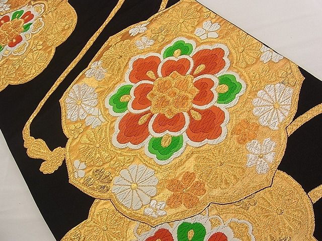 平和屋着物■六通柄袋帯 唐織 鏡裏花文 黒地 金銀糸 逸品 n-qw0346
