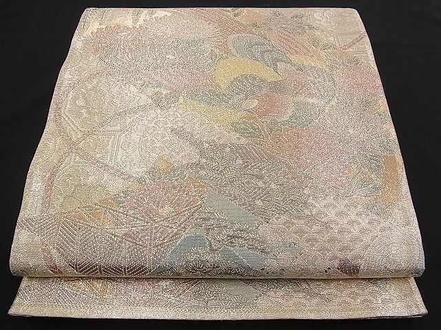 平和屋着物■佐賀錦 六通柄袋帯 尾長鳥吉祥御所車花絵巻文 900織特選 金糸 逸品 n-qw0367