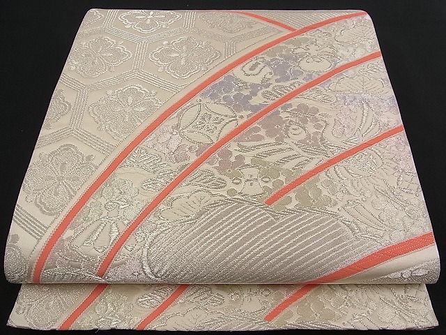 平和屋着物■六通柄袋帯 唐織 雲取り吉祥鳳凰花文 銀糸 逸品 n-qw0395