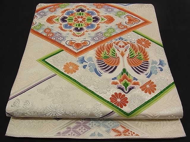 平和屋着物■六通柄袋帯 唐織 向かい鳥吉祥花菱文 銀糸 逸品 n-qw0422