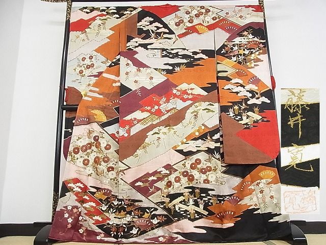 平和屋本店■極上 皇室献上作家 藤井寛 振袖 駒刺繍 風絵抄 金彩 反端付き 着丈169cm 裄丈70cm 正絹 逸品 未使用 3kk3420