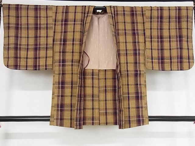 平和屋本店●極上 浦野理一 経節紬 アンサンブル 格子 着丈163cm 裄丈67.5cm 正絹 逸品 4kk0007