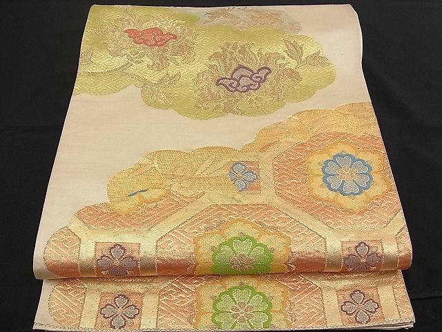 平和屋着物■六通柄袋帯 唐織 雲取り吉祥花文 金糸 逸品 n-rf1441