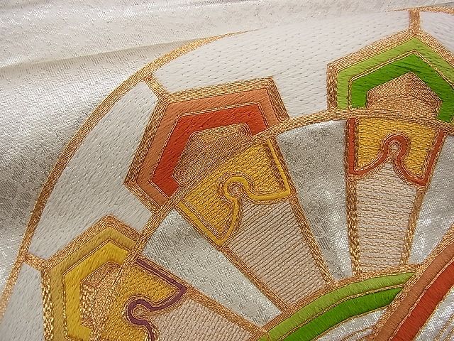 平和屋着物■六通太鼓柄袋帯 総刺繍 駒刺繍 片輪車 金糸 逸品 n-rv0051