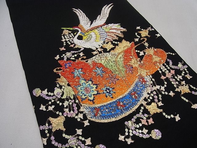 平和屋本店●最高級 龍村平蔵製 千代乃冠錦 本袋帯 黒地 金糸 逸品3s1047