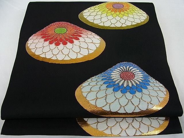 平和屋本店●極上 龍村平蔵製 追粉菊錦 本袋帯 黒地 金糸 逸品s3088
