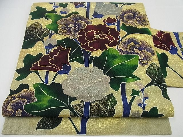 平和屋本店●極上 浦野理一 型染 九寸名古屋帯 枝花文 金彩 落款あり 逸品 未使用3s3614